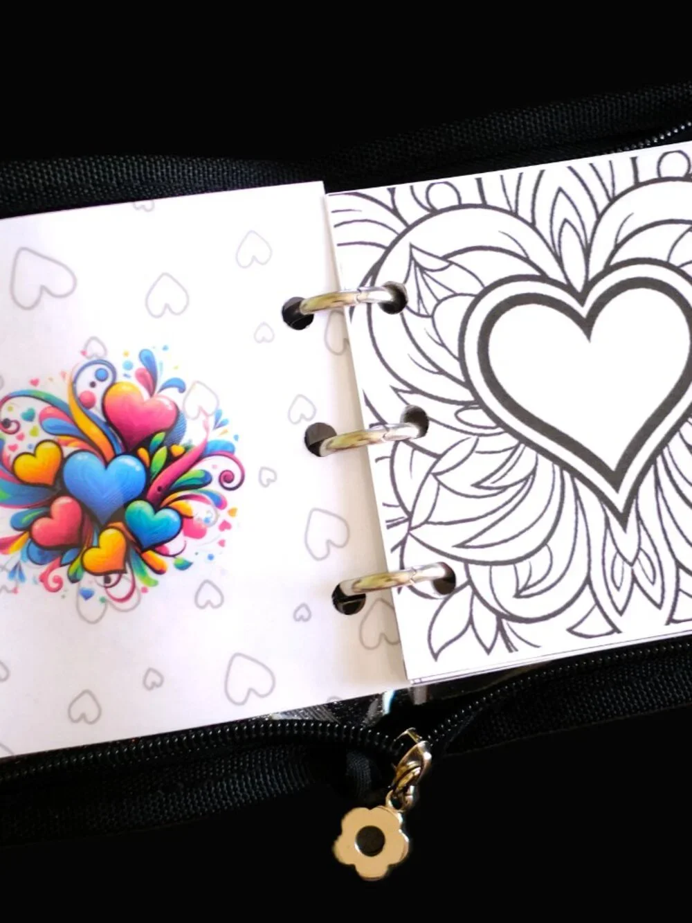 Mini Coloring Book & Pencil Set, All Hearts, Handmade, 3 ring binder, zipper